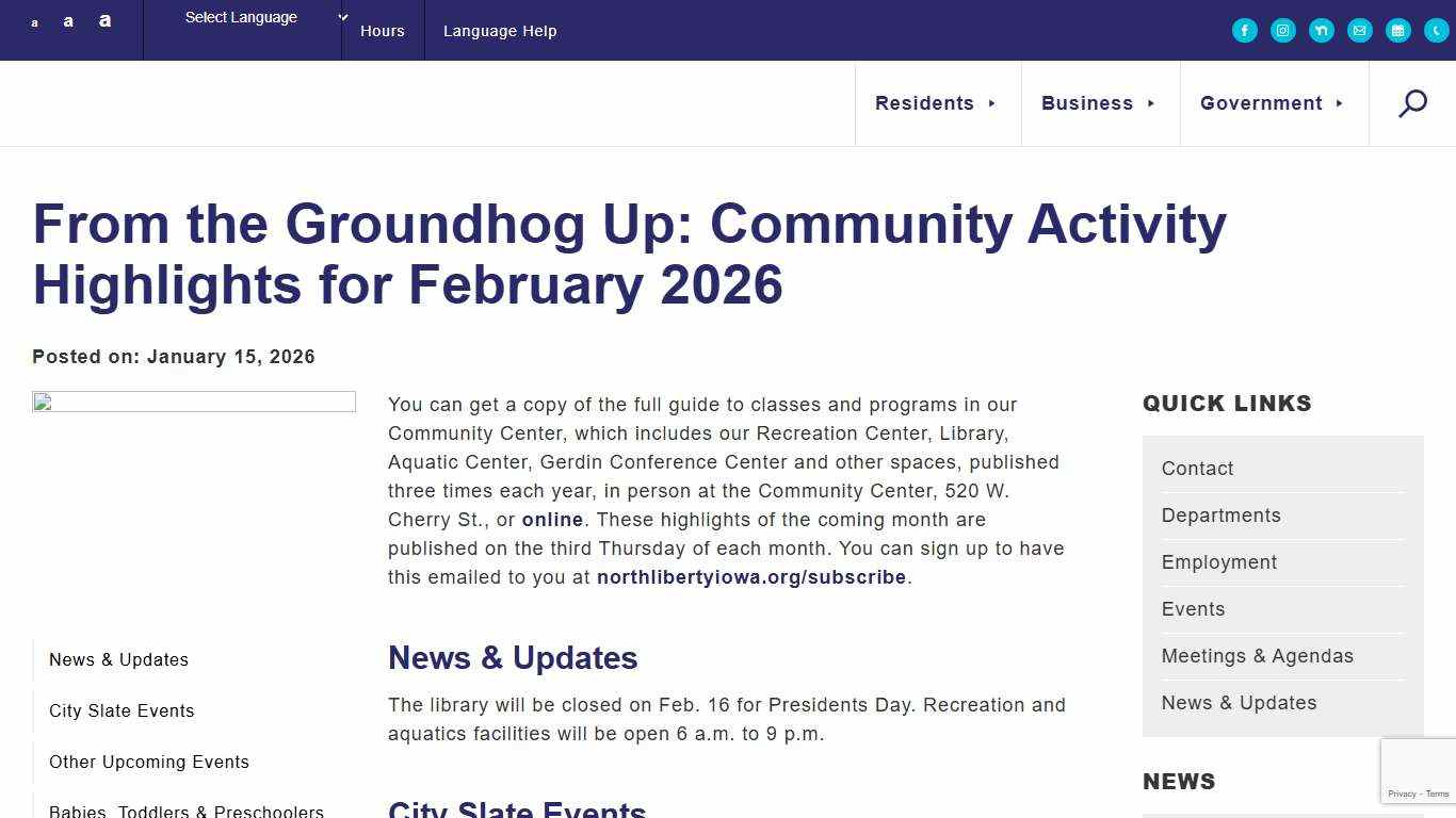 From the Groundhog Up: Community Activity Highlights for February 2026 City of North Liberty