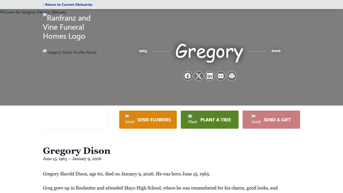 Gregory Dison Obituary January 9, 2026 - Ranfranz and Vine Funeral Homes